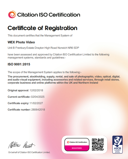ISO 9001 : 2025 Certificate for Wex Photo Video (UK) Limited